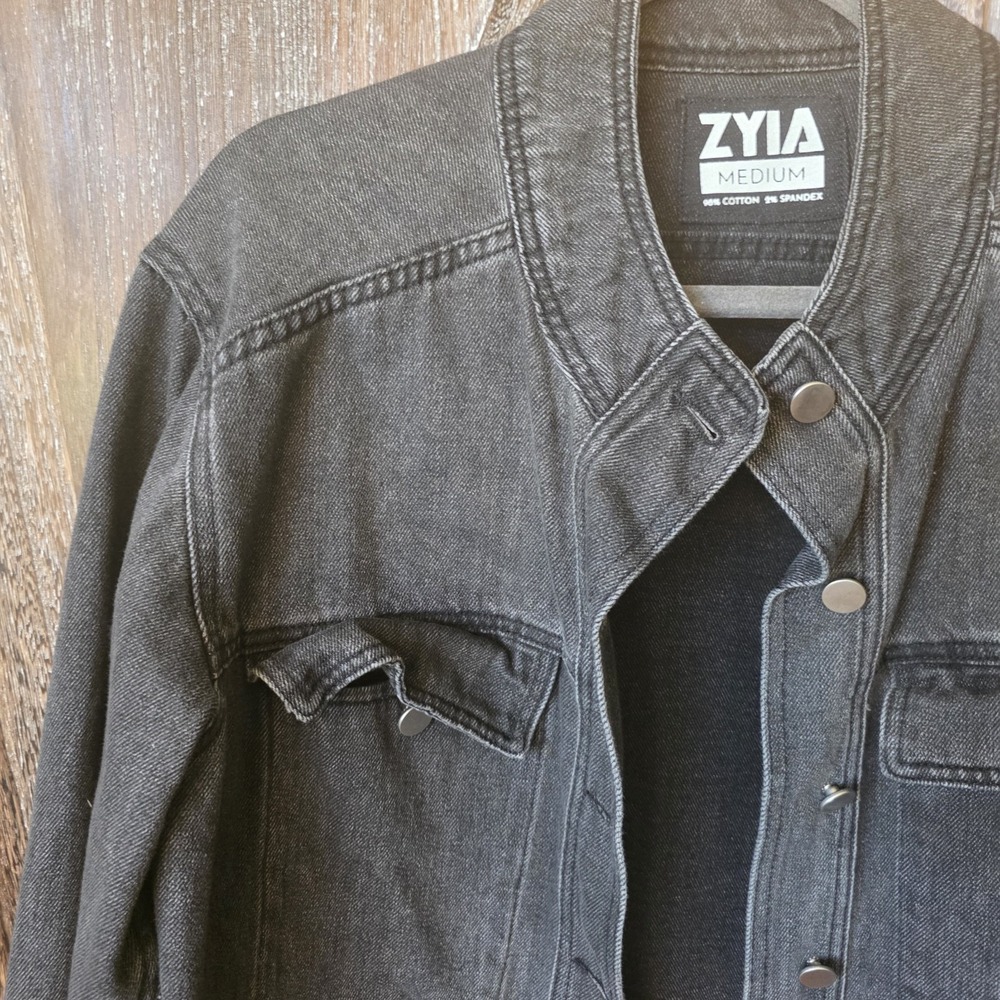 Zyia Jacket Women's Size Medium Black Denim Coat Buttons Pockets Stretch - Picture 2 of 8